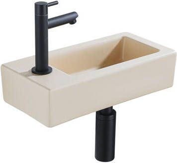 QeramiQ Fuente Fonteinset 37.5x18.5x9cm keramiek kraangat links fonteinkraan zwart mat afvoerplug verlaagd sifon Mat Beige SW1122452 SW696205 SW696215 SW696235
