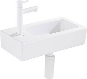 QeramiQ Fuente Fonteinset 37.5x18.5x9cm keramiek kraangat links fonteinkraan zwart mat afvoerplug verlaagd sifon Glans wit SW1122449 SW696205 SW696215 SW696235