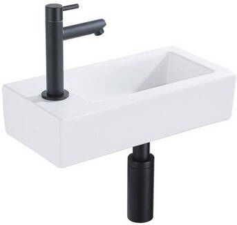 QeramiQ Fuente Fonteinset 37.5x18.5x9cm keramiek kraangat links fonteinkraan zwart mat afvoerplug verlaagd sifon Glans wit SW1122449 SW696205 SW696215 SW696235
