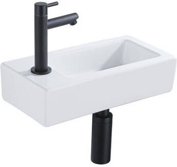 QeramiQ Fuente Fonteinset 37.5x18.5x9cm keramiek kraangat links fonteinkraan zwart mat afvoerplug verlaagd sifon Glans wit SW1122449 SW696205 SW696215 SW696235