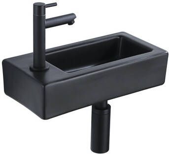 QeramiQ Fuente Fonteinset 37.5x18.5x9cm keramiek kraangat links fonteinkraan zwart mat afvoerplug verlaagd sifon Mat Zwart SW1122451 SW696205 SW696215 SW696235