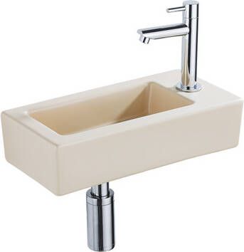 QeramiQ Fuente Fonteinset 37.5x18.5x9cm keramiek kraangat rechts fonteinkraan chroom afvoerplug verlaagd sifon Mat Beige SW1122448 SW696209 SW696219 SW696234
