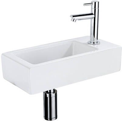 QeramiQ Fuente Fonteinset 37.5x18.5x9cm keramiek kraangat rechts fonteinkraan chroom afvoerplug verlaagd sifon Mat wit SW1122446 SW696209 SW696219 SW696234