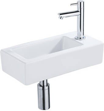 QeramiQ Fuente Fonteinset 37.5x18.5x9cm keramiek kraangat rechts fonteinkraan chroom afvoerplug verlaagd sifon Glans wit SW1122445 SW696209 SW696219 SW696234