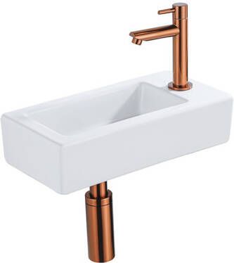 QeramiQ Fuente Fonteinset 37.5x18.5x9cm keramiek kraangat rechts fonteinkraan geborsteld koper afvoerplug verlaagd sifon Glans wit SW1122445 SW799405 SW799403 SW970033