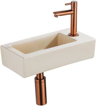 QeramiQ Fuente Fonteinset 37.5x18.5x9cm keramiek kraangat rechts fonteinkraan geborsteld koper afvoerplug verlaagd sifon Mat Beige SW1122448 SW799405 SW799403 SW970033