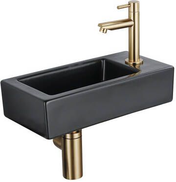 QeramiQ Fuente Fonteinset 37.5x18.5x9cm keramiek kraangat rechts fonteinkraan geborsteld messing afvoerplug verlaagd sifon Mat Zwart SW1122447 SW696208 SW696218 SW696238