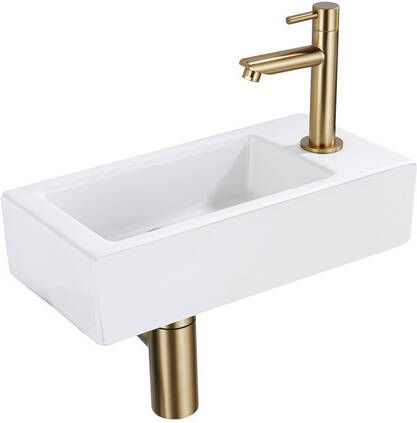 QeramiQ Fuente Fonteinset 37.5x18.5x9cm keramiek kraangat rechts fonteinkraan geborsteld messing afvoerplug verlaagd sifon Mat wit SW1122446 SW696208 SW696218 SW696238