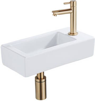 QeramiQ Fuente Fonteinset 37.5x18.5x9cm keramiek kraangat rechts fonteinkraan geborsteld messing afvoerplug verlaagd sifon Glans wit SW1122445 SW696208 SW696218 SW696238