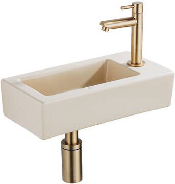 QeramiQ Fuente Fonteinset 37.5x18.5x9cm keramiek kraangat rechts fonteinkraan geborsteld messing afvoerplug verlaagd sifon Mat Beige SW1122448 SW696208 SW696218 SW696238