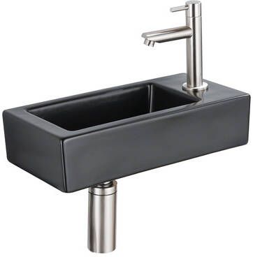 QeramiQ Fuente Fonteinset 37.5x18.5x9cm keramiek kraangat rechts fonteinkraan geborsteld RVS afvoerplug verlaagd sifon Mat Zwart SW1122447 SW696207 SW696217 SW696237