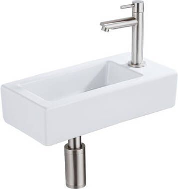 QeramiQ Fuente Fonteinset 37.5x18.5x9cm keramiek kraangat rechts fonteinkraan geborsteld RVS afvoerplug verlaagd sifon Glans wit SW1122445 SW696207 SW696217 SW696237