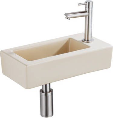 QeramiQ Fuente Fonteinset 37.5x18.5x9cm keramiek kraangat rechts fonteinkraan geborsteld RVS afvoerplug verlaagd sifon Mat Beige SW1122448 SW696207 SW696217 SW696237
