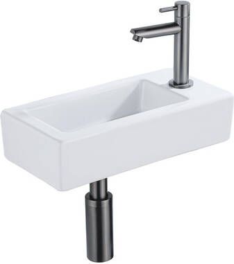 QeramiQ Fuente Fonteinset 37.5x18.5x9cm keramiek kraangat rechts fonteinkraan gunmetal afvoerplug verlaagd sifon Glans wit SW1122445 SW769487 SW767295 SW696239