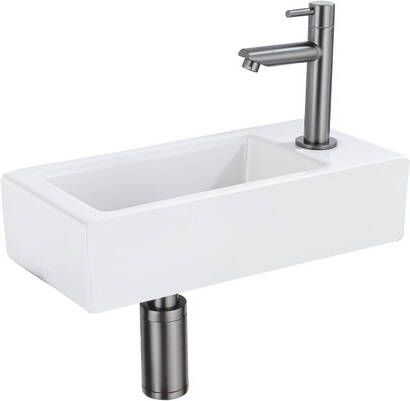QeramiQ Fuente Fonteinset 37.5x18.5x9cm keramiek kraangat rechts fonteinkraan gunmetal afvoerplug verlaagd sifon Mat wit SW1122446 SW769487 SW767295 SW696239