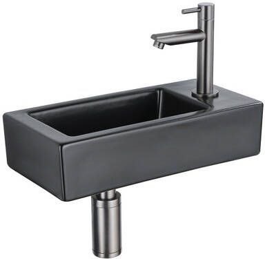 QeramiQ Fuente Fonteinset 37.5x18.5x9cm keramiek kraangat rechts fonteinkraan gunmetal afvoerplug verlaagd sifon Mat Zwart SW1122447 SW769487 SW767295 SW696239