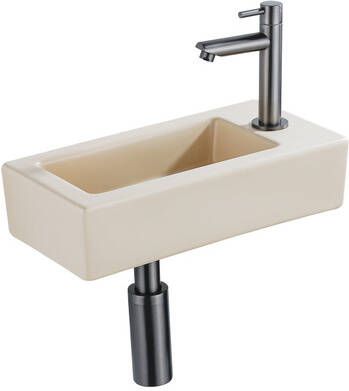QeramiQ Fuente Fonteinset 37.5x18.5x9cm keramiek kraangat rechts fonteinkraan gunmetal afvoerplug verlaagd sifon Mat Beige SW1122448 SW769487 SW767295 SW696239