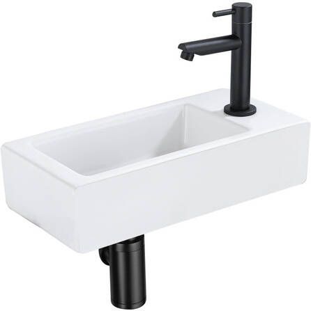 QeramiQ Fuente Fonteinset 37.5x18.5x9cm keramiek kraangat rechts fonteinkraan zwart mat afvoerplug verlaagd sifon Mat wit SW1122446 SW696205 SW696215 SW696235