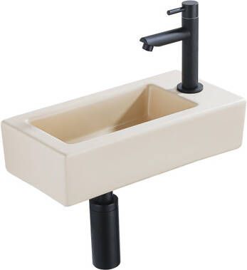 QeramiQ Fuente Fonteinset 37.5x18.5x9cm keramiek kraangat rechts fonteinkraan zwart mat afvoerplug verlaagd sifon Mat Beige SW1122448 SW696205 SW696215 SW696235