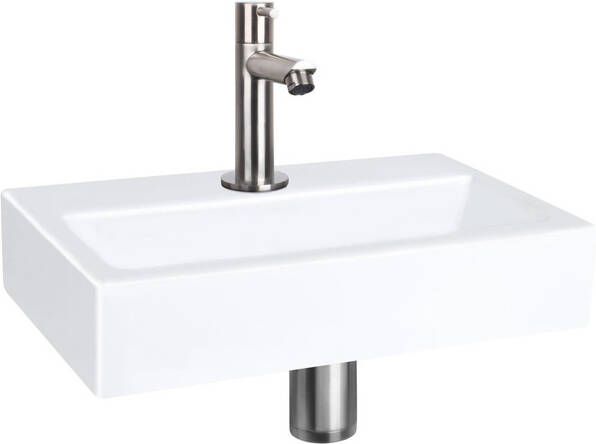 QeramiQ Fuente fonteinset 38x24cm 1 kraangat keramiek fonteinkraan RVS geborsteld glans wit SW696237 SW696207 SW696217 SW21912