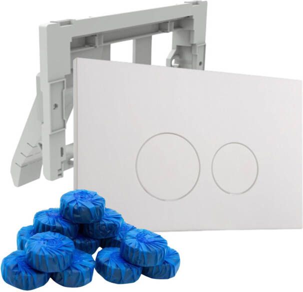 QeramiQ Push Bedieningsplaat met toiletblokjeshouder voor Geberit UP320 inbouwreservoir dualflush ronde knoppen kunststof inclusief 12 toiletblokjes mat wit SW706186 SW1233495 SW1211203