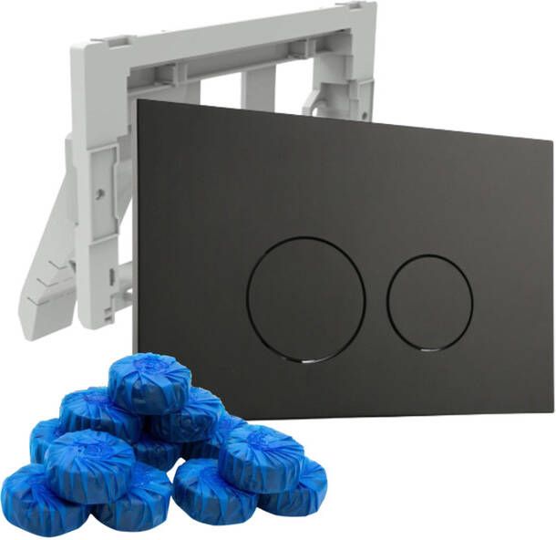 QeramiQ Push Bedieningsplaat met toiletblokjeshouder voor Geberit UP320 inbouwreservoir dualflush ronde knoppen kunststof inclusief 12 toiletblokjes mat zwart SW706188 SW1233495 SW1211203