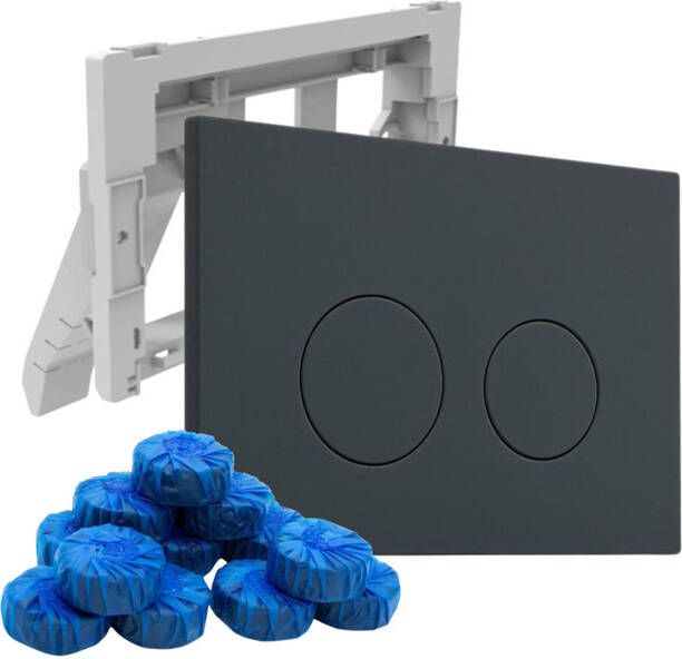 QeramiQ Push Bedieningsplaat met toiletblokjeshouder voor Geberit UP320 inbouwreservoir dualflush ronde knoppen kunststof inclusief 12 toiletblokjes mat antraciet SW1102376 SW1233495 SW1211203