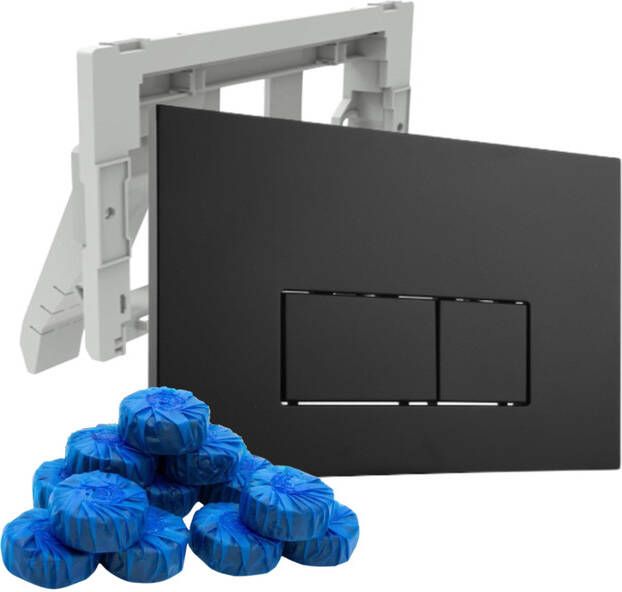 QeramiQ Push Bedieningsplaat met toiletblokjeshouder voor Geberit UP320 inbouwreservoir dualflush rechthoekige knoppen kunststof inclusief 12 toiletblokjes mat zwart SW706189 SW1233495 SW1211203