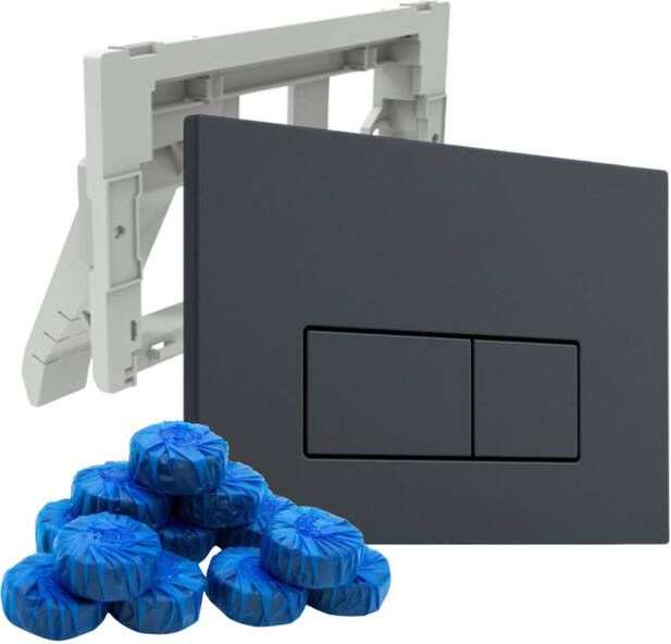 QeramiQ Push Bedieningsplaat met toiletblokjeshouder voor Geberit UP320 inbouwreservoir dualflush rechthoekige knoppen kunststof inclusief 12 toiletblokjes mat antraciet SW1102377 SW1233495 SW1211203