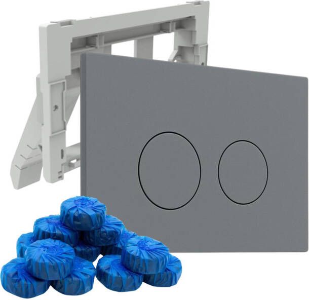 QeramiQ Push Bedieningsplaat met toiletblokjeshouder voor Geberit UP320 inbouwreservoir dualflush ronde knoppen kunststof inclusief 12 toiletblokjes licht grijs SW1102374 SW1233495 SW1211203