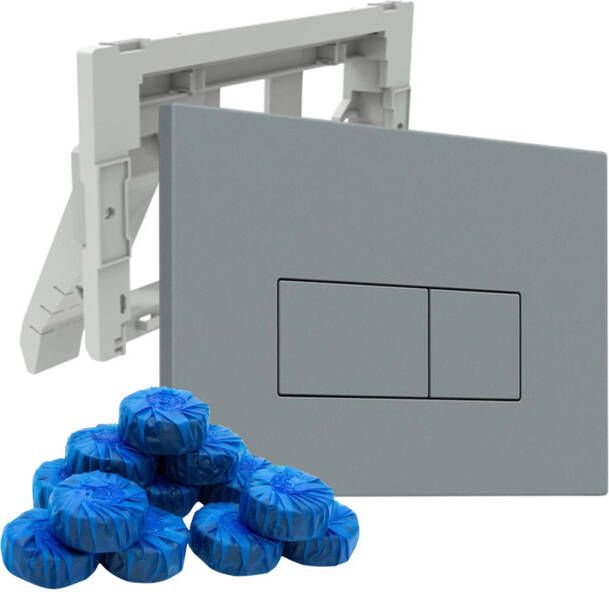 QeramiQ Push Bedieningsplaat met toiletblokjeshouder voor Geberit UP320 inbouwreservoir dualflush rechthoekige knoppen kunststof inclusief 12 toiletblokjes licht grijs SW1102375 SW1233495 SW1211203