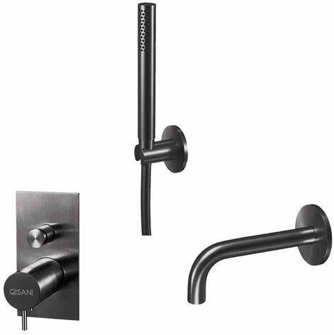 Qisani Flow inbouw badkraanset met inbouwkraan staafhanddouche met houder en uitloop Geborsteld PVD Gunmetal 25640.04