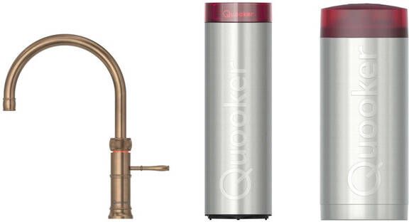 Quooker Classic Fusion Round kokendwaterkraan draaibare uitloop Combi+ incl. Cube reservoir Warm kokend bruisend gefilterd water messing patina 22+CFRPTN-CUBE