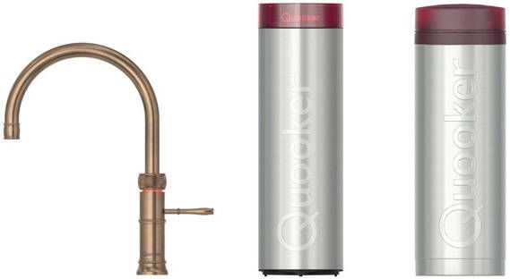 Quooker Classic Fusion Round kokendwaterkraan draaibare uitloop PRO3 incl. Cube reservoir Warm kokend bruisend gefilterd water Messing patina 3CFRPTN-CUBE