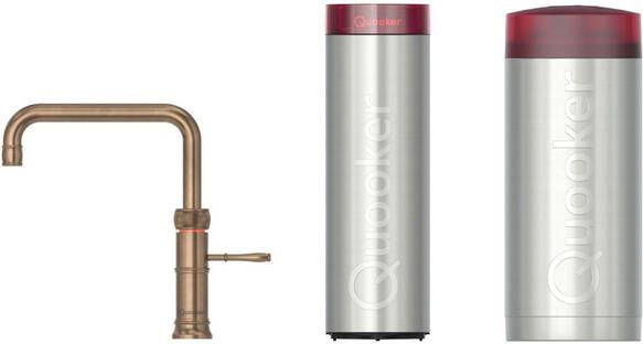 Quooker Classic Fusion Square kokendwaterkraan draaibare uitloop Combi incl. Cube reservoir Warm kokend bruisend gefilterd water Messing patina glans 22CFSPTN-CUBE