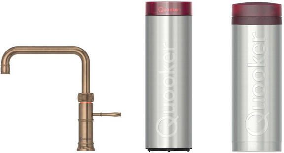 Quooker Classic Fusion Square kokendwaterkraan draaibare uitloop PRO3 incl. Cube reservoir Warm kokend bruisend gefilterd water messing patina 3CFSPTN-CUBE