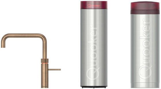 Quooker Fusion Square kokendwaterkraan draaibare uitloop PRO3 incl. Cube reservoir Warm kokend bruisend gefilterd water Messing patina 3FSPTN-CUBE