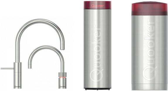 Quooker Nordic Round Twintaps kokendwaterkraan draaibare uitloop Combi+ incl. Cube reservoir Warm kokend water RVS 22+NRRVSTT-CUBE