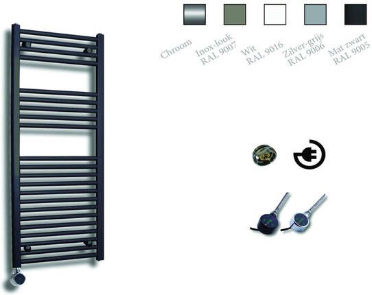 Sanicare Elektrische Design Radiator 111.8 x 45 cm 596 Watt thermostaat chroom linksonder mat zwart HRLEC 451118 A