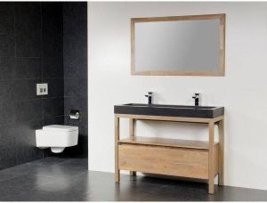 Saniclass Natural Wood Badmeubelset 100cm grey oak met wastafel natuursteen Black Spirit 2 kraangaten inclusief spiegel sw3030 sw3909 sw6640