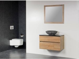 Saniclass Natural Wood Badmeubelset hangend 80cm grey oak met waskom gehamerd 0 kraangaten met spiegel sw3908 sw16902 sw17530 sw393212