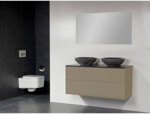 Saniclass New Future Corestone13 waskom gehamerd badmeubel 120cm 1 sifonuitsparing met spiegel taupe sw2195 sw16904 sw17530 sw24878