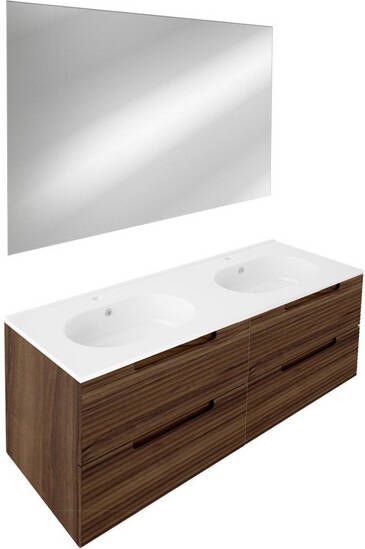 Saniclass Prime Balance Badkamermeubelset 120x55x45cm 2 ovale keramische wasbakken wit 2 kraangaten 4 lades rechthoekige spiegel noten SW718719 SW724613 SW1027164 x2