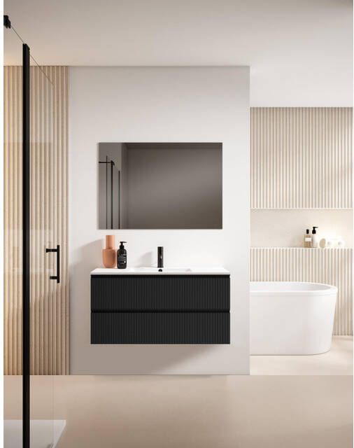 Saniclass Prime Blend Badkamermeubelset 100x55x46cm 1 rechthoekige keramische wasbak wit 1 kraangat 2 lades rechthoekige spiegel mat zwart SW892723 SW804532 SW724612
