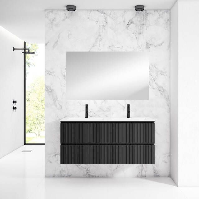 Saniclass Prime Blend Badkamermeubelset 120x55x46cm 2 rechthoekige keramische wasbakken wit 2 kraangaten 2 lades rechthoekige spiegel mat zwart SW928340 SW804533 SW724613