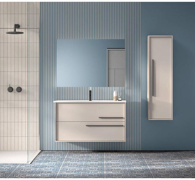 Saniclass Prime Essential Badkamermeubelset 100x55x46cm 1 ovale wasbak wit 1 kraangat 2 lades rechthoekige spiegel mat cotton (beige) SW892667 SW718718 SW724612