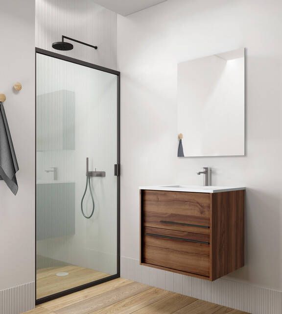 Saniclass Prime Essential Badkamermeubelset 60x55x46cm 1 rechthoekige wasbak wit 1 kraangat 2 lades rechthoekige spiegel noten (hout) SW892659 SW804530 SW724610