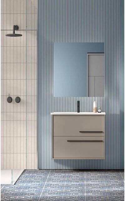 Saniclass Prime Essential Badkamermeubelset 60x55x46cm 1 rechthoekige wasbak wit 1 kraangat 2 lades rechthoekige spiegel taupe SW892660 SW804530 SW724610