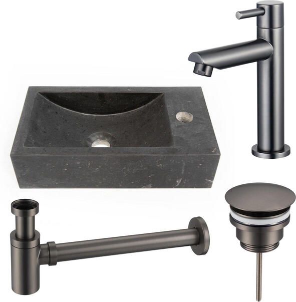 Saniclass Fuente fonteinset 40x22 1 kraangat rechts natuursteen fonteinkraan Geborsteld Gunmetal PVD donker SW696237 SW696207 SW696217 SW728242