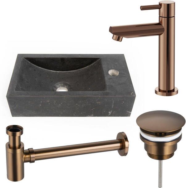 Saniclass Fuente fonteinset 40x22cm 1 kraangat rechts natuursteen fonteinkraan Geborsteld koper PVD (Koper) donker SW970033 SW799405 SW799403 SW728242